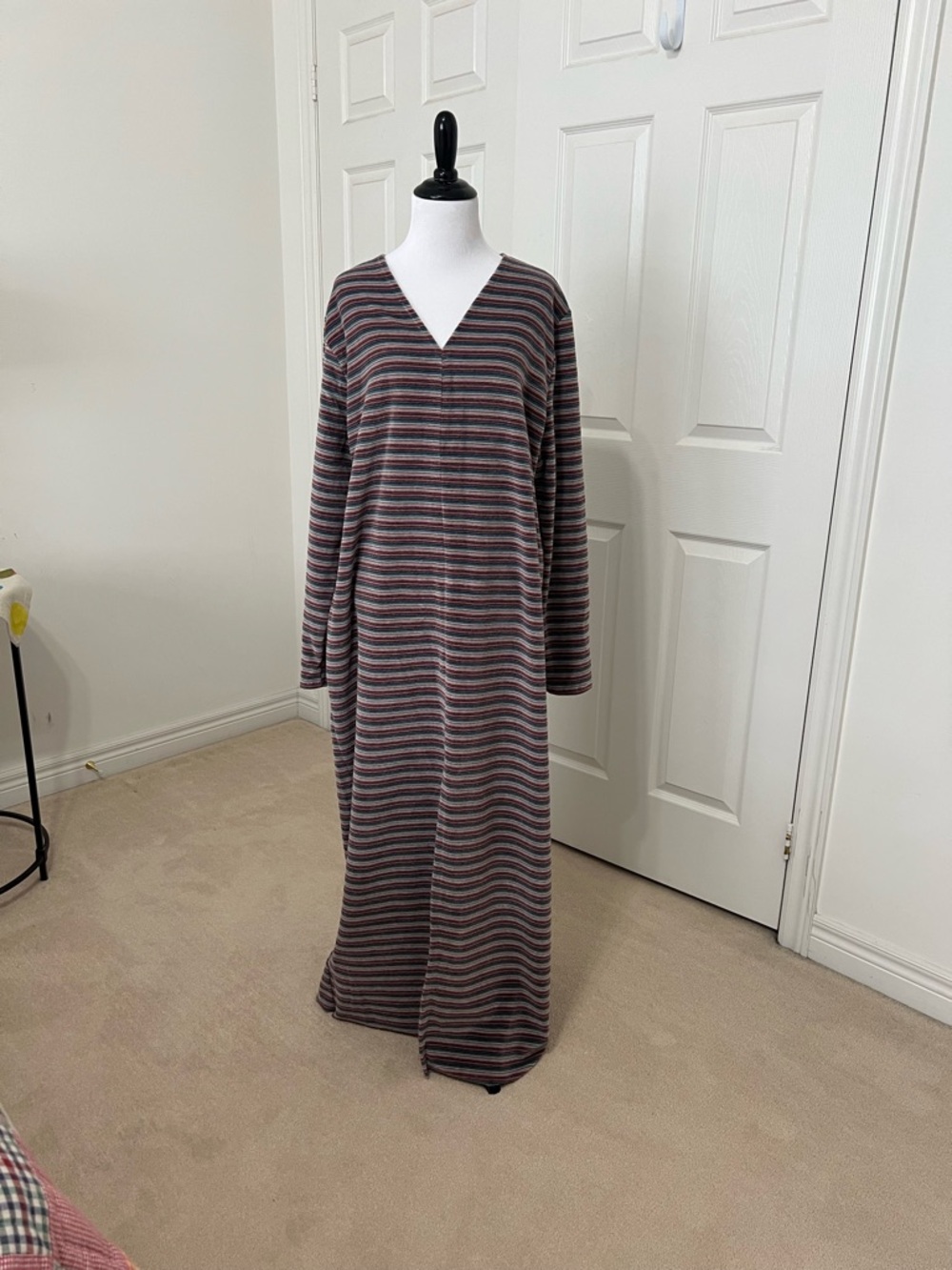 Velour Velvet Striped V-Neck Maxi Dress — Multicolor Stripes in soft shades